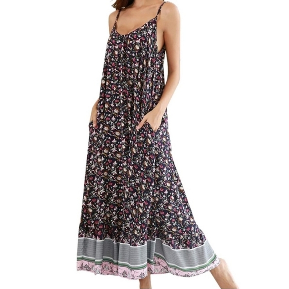 Buenos Ninos Sz XXL Spaghetti strap floral pattern Navy Maxi Dress - Picture 1 of 7
